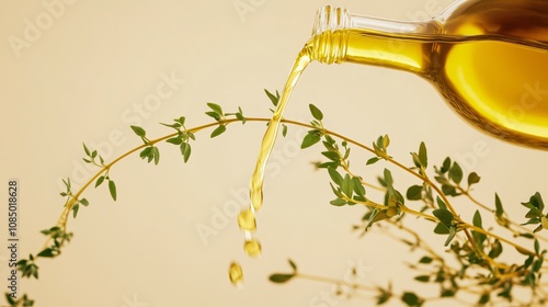 Golden olive oil pouring from a bottle with sprigs of fresh thyme, isolated against a soft beige background photo