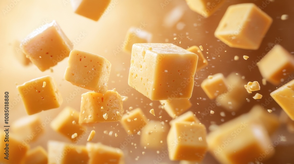 Floating cheese cubes in mid-air with detailed textures, creating a playful and dynamic culinary display Floating cheese cubes in mid-air with detailed textures, creating a playful and dynamic culinary display