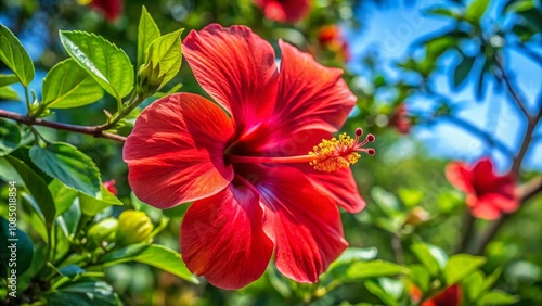 Closeup of Red Hibiscus Blooming on a Tree with Lush Green Leaves and Soft Natural Light Enhancing Its Vibrant Colors, Perfect for Nature and Botanical Photography