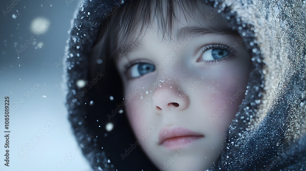 Enchanting Winter Portrait of Child in Hooded Outfit Amid Snowy Backdrop Enchanting Winter Portrait of Child in Hooded Outfit Amid Snowy Backdrop