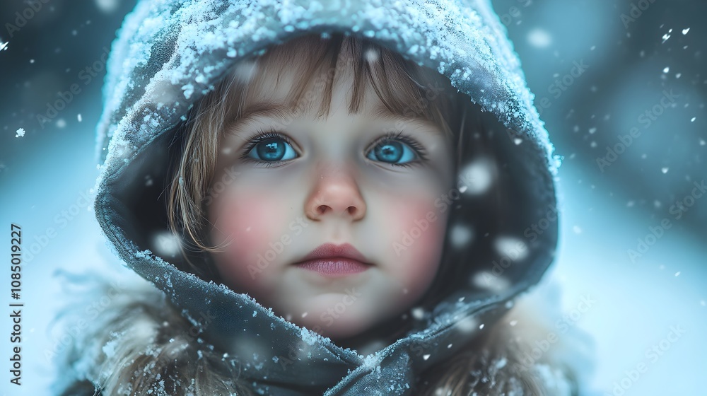 Enchanting Winter Wonderland Playful Child in Hooded Outfit Amid Snowy Surroundings Enchanting Winter Wonderland Playful Child in Hooded Outfit Amid Snowy Surroundings