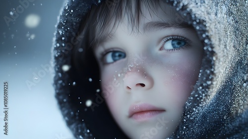 Enchanting Winter Portrait of Child in Hooded Outfit Amid Snowy Backdrop