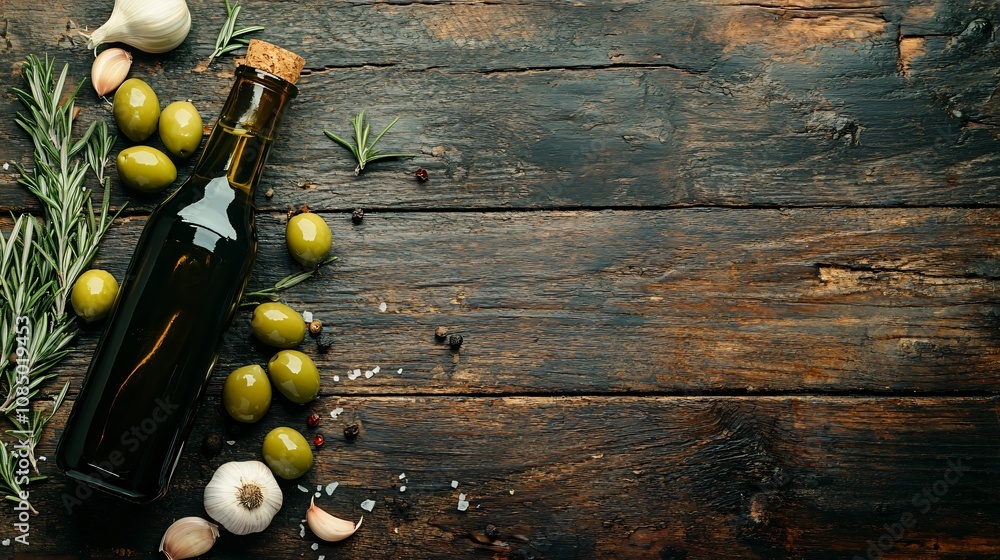 Naklejka premium Rustic bottle of olive oil on a weathered wooden table, surrounded by fresh green olives, garlic cloves, and rosemary sprigs