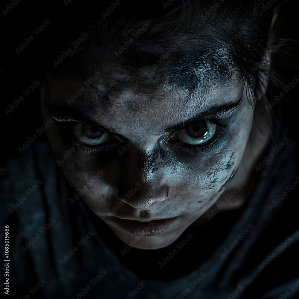 Chilling Dark Portrait of Sinister Horror Character with Theatrical Lighting Chilling Dark Portrait of Sinister Horror Character with Theatrical Lighting