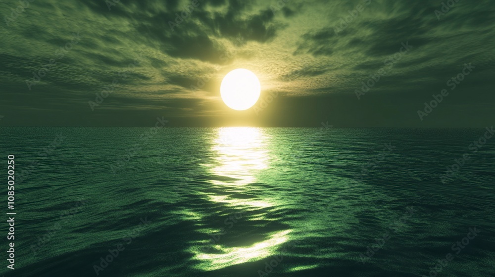Emerald green sea with sun and cloudy sky background, calm ocean water surface. Emerald green sea with sun and cloudy sky background, calm ocean water surface.