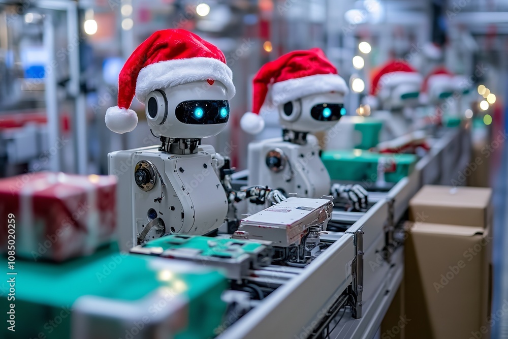 Santa Hat robots that automate gift wrapping. Generative Ai Santa Hat robots that automate gift wrapping. Generative Ai