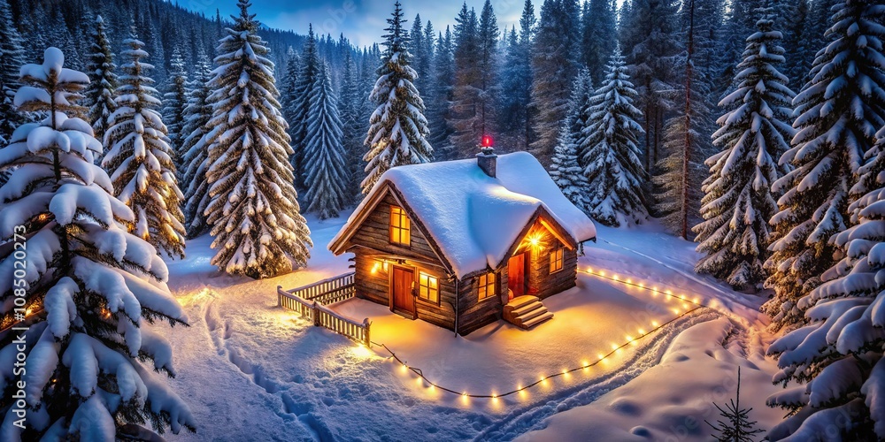 Fototapeta premium Winter Wooden Cabin Glowing with Fairy Lights