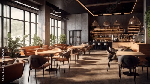 Modern Cafe Interior Design with Concrete Walls and Large Windows
