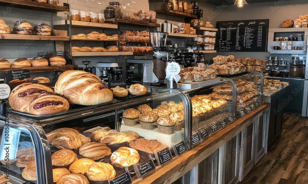 Warm, inviting bakery interior filled with artisan bread and pastries Warm, inviting bakery interior filled with artisan bread and pastries