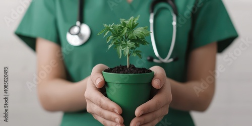 Health care worker promotes sustainability efforts. A healthcare professional in green scrubs holds a small potted plant, symbolizing the connection between health and nature.