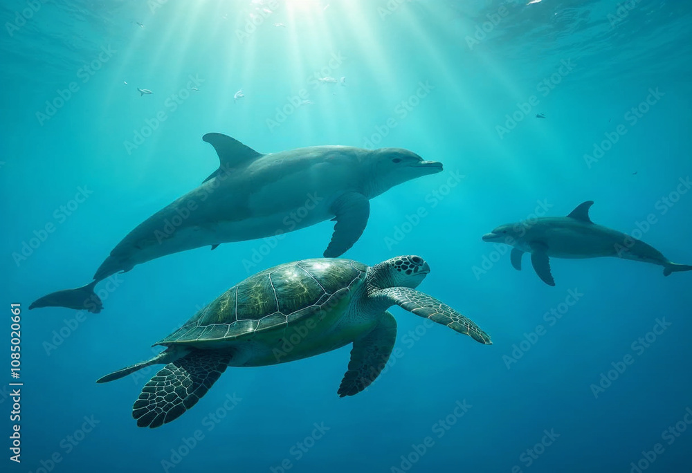 Obraz premium Dolphins and Sea Turtle Swimming Underwater in Sunlit Ocean
