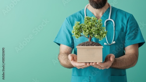 Health care worker promotes sustainability efforts. A healthcare professional in scrubs holds a small potted tree, symbolizing health and growth.