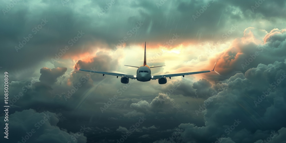 Fototapeta premium Airplane Soaring Through Dramatic Skies: A Breathtaking Flight Above the Clouds