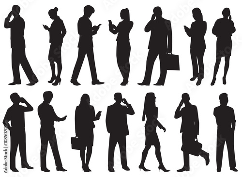 set of business people using mobile phones. Office workers set vector illustration isolated on white background. 
