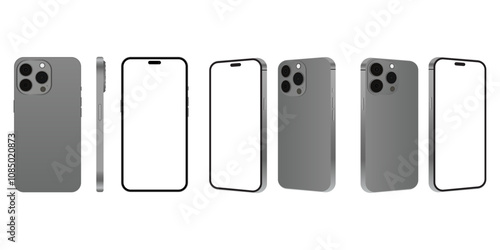 smartphone frameless grey color with blank screen saver front and backside view isolated on white background. mockup of realistic new mobile phone with shadow. vector 3d isometric illustration