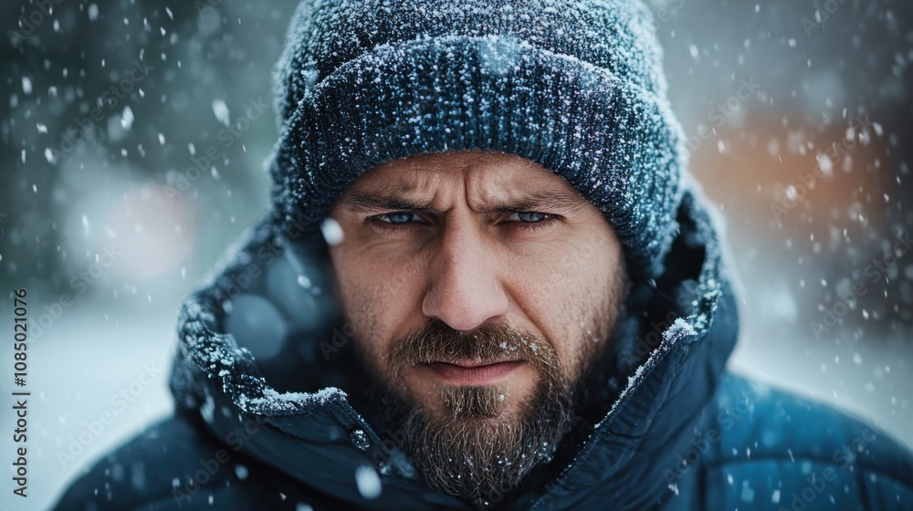 A contemplative man gazing intensely into the camera as snowflakes fall around him, capturing the essence of winter solitude and introspection in a serene environment. A contemplative man gazing intensely into the camera as snowflakes fall around him, capturing the essence of winter solitude and introspection in a serene environment.