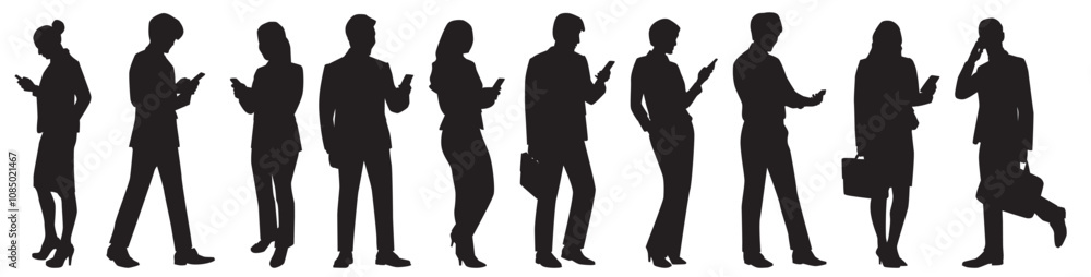 set of group of people using mobile phone silhouette. set of group of people using mobile phone silhouette.