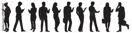 set of group of people using mobile phone silhouette. 