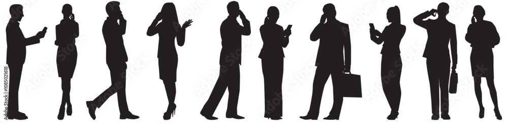 set of group of people using mobile phone silhouette. set of group of people using mobile phone silhouette.