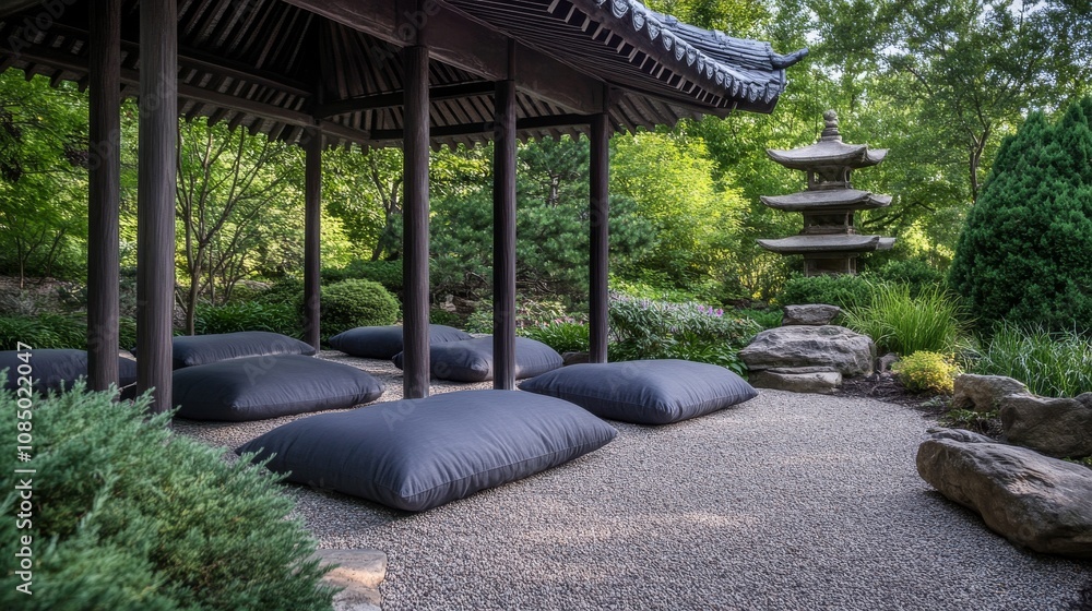 A serene meditation space amidst a Zen garden, Meditation cushions arranged under a pagoda, Minimalist photography style A serene meditation space amidst a Zen garden, Meditation cushions arranged under a pagoda, Minimalist photography style