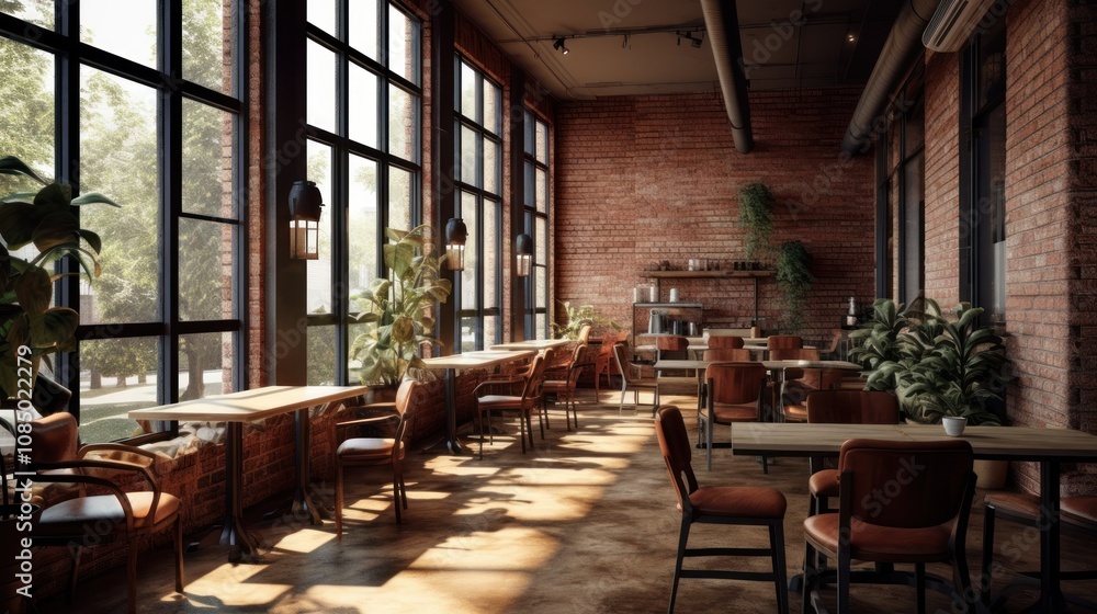 Industrial Cafe Interior with Sunlight streaming in Industrial Cafe Interior with Sunlight streaming in