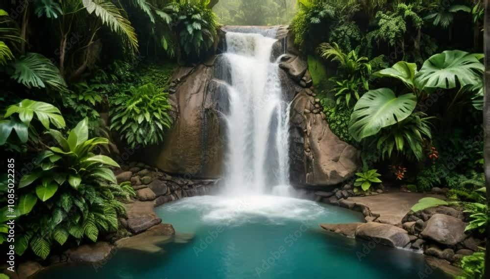 A stunning tropical waterfall pouring into a tranquil, clear pool surrounded by lush greenery, creating a refreshing and picturesque natural scene. A stunning tropical waterfall pouring into a tranquil, clear pool surrounded by lush greenery, creating a refreshing and picturesque natural scene.