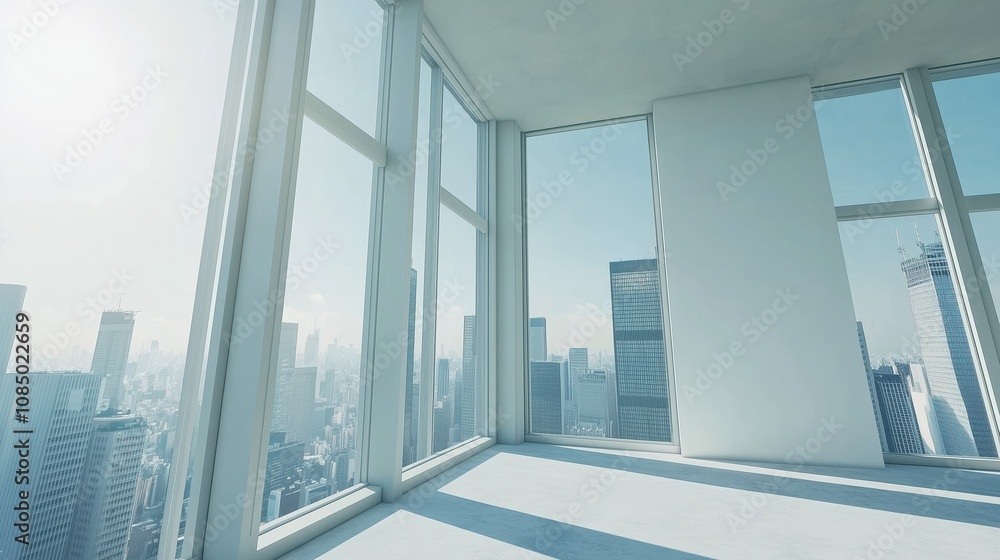 Interior view of an empty room in a skyscraper, showcasing the cityscape during the day. The skyline view from a high-rise window offers a gorgeous property with a stunning view. Interior view of an empty room in a skyscraper, showcasing the cityscape during the day. The skyline view from a high-rise window offers a gorgeous property with a stunning view.