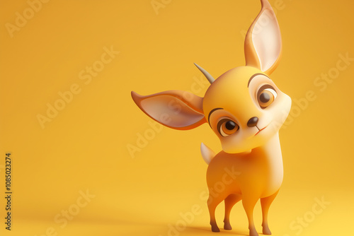 Adorable cartoon deer with single horn on yellow background smiling