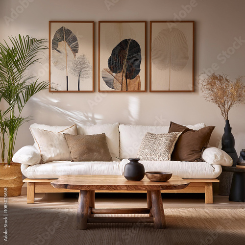 modern organic wabi-sabi japandi style living room with white casual sofa, decorative pillows, wood framed wall art, of palm leaves and tree with knick knacks on coffee table, neutral, beige, minimal