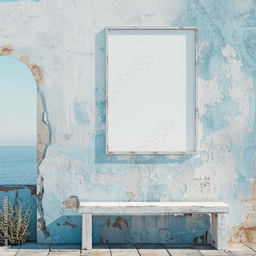 Blank art poster frame mockup on a turquoise blue weathered coastal stucco wall with ocean view and a white bench good for vertical art mockups for quotes, paintings, portraits.