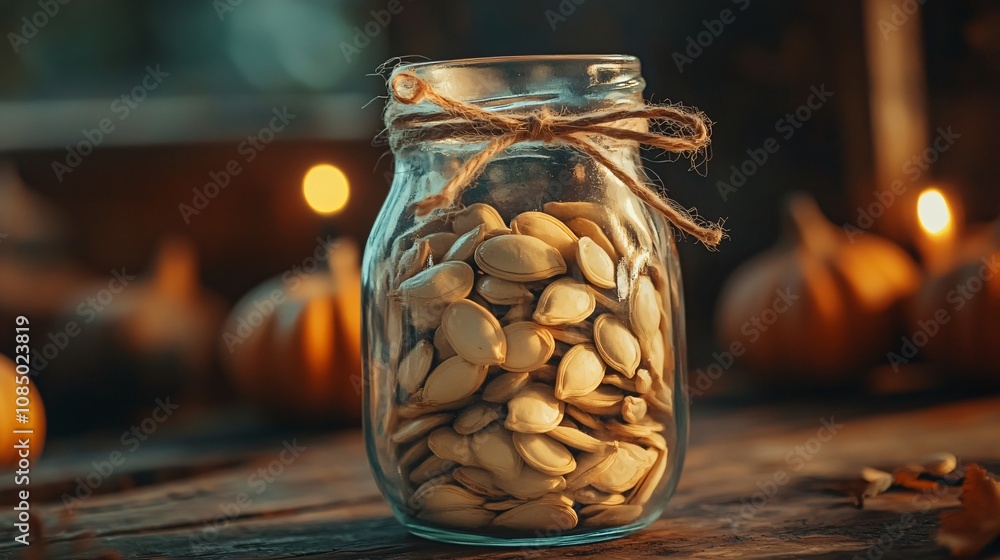 Pumpkin seeds in a glass jar tied with twine, isolated with rustic wood elements and warm lighting Pumpkin seeds in a glass jar tied with twine, isolated with rustic wood elements and warm lighting