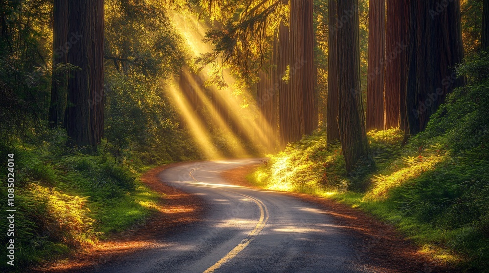 Obraz premium 26.A winding scenic road stretches through the towering, ancient redwoods of the Redwood National Forest. The road, lined with soft dappled sunlight filtering through the massive trees, curves gently