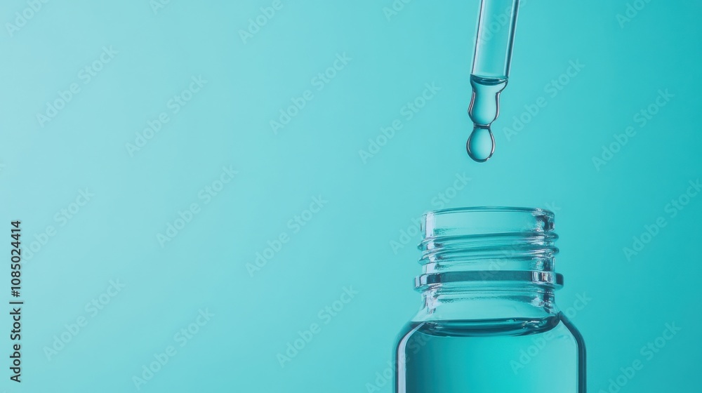 Dropper pipette releasing liquid into a transparent bottle over a light blue background Dropper pipette releasing liquid into a transparent bottle over a light blue background