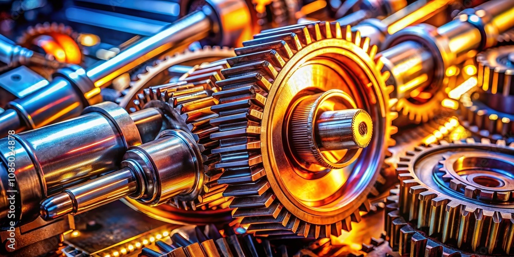 Fototapeta premium Detailed Portrait of Transmission Gears with Oil, Capturing the Intricacies of Mechanical Service Components in a Vibrant Industrial Setting