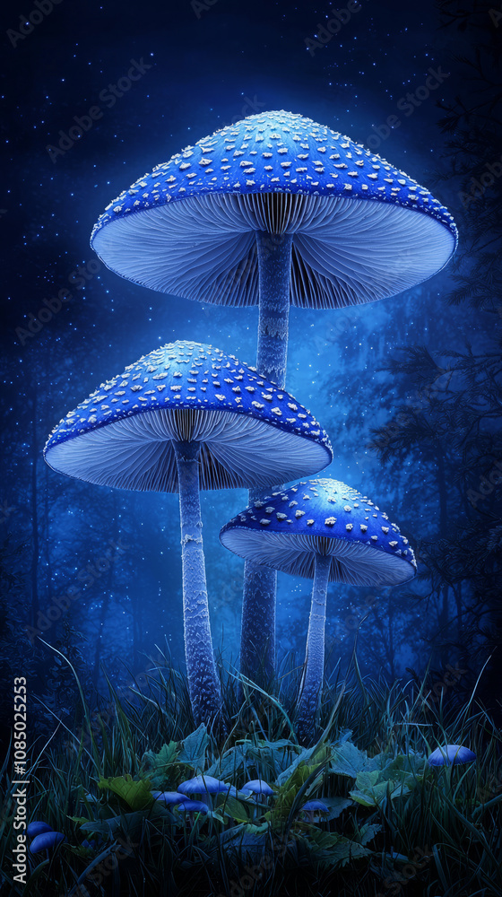 Fototapeta premium Giant glowing mushrooms with blue caps illuminate mystical forest at twilight, creating enchanting and surreal atmosphere