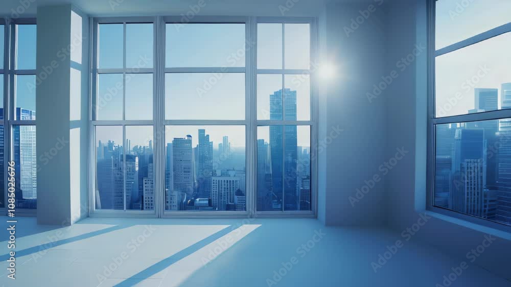 Interior view of an empty room in a skyscraper, showcasing the cityscape during the day. The skyline view from a high-rise window offers a gorgeous property with a stunning view. Interior view of an empty room in a skyscraper, showcasing the cityscape during the day. The skyline view from a high-rise window offers a gorgeous property with a stunning view.
