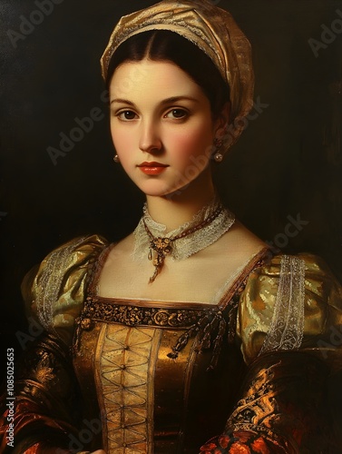 Elegant Renaissance Style Portrait of a Noblewoman in Ornate Costume