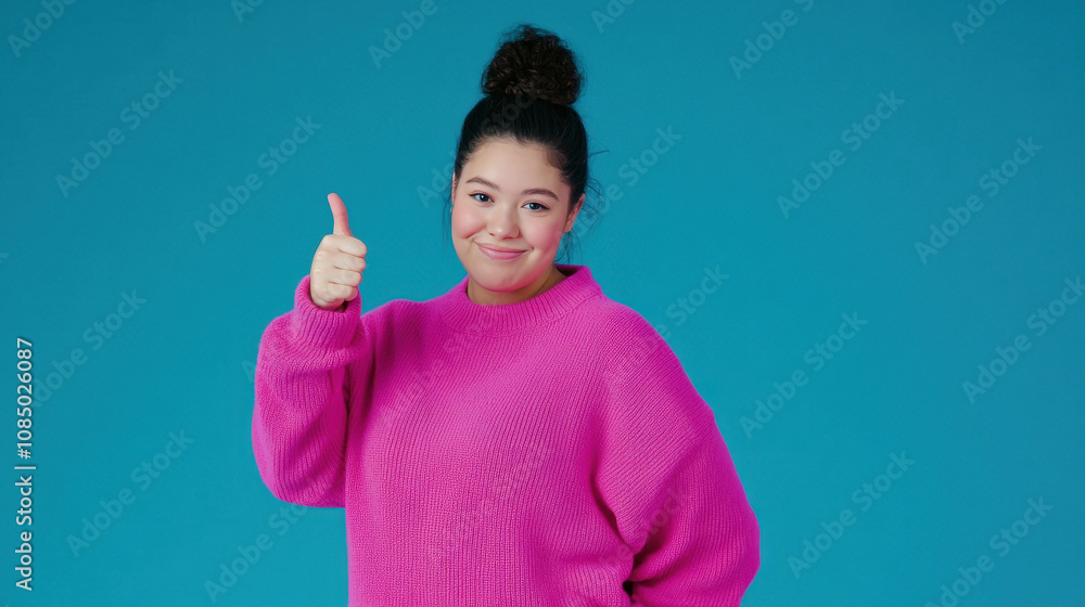 Young Woman Giving a Thumbs Up in Pink Sweater Young Woman Giving a Thumbs Up in Pink Sweater