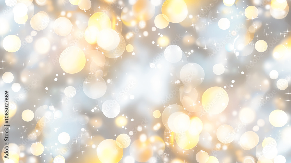 A chaotic display of shimmering silver background with scattered golden and white bokeh lights creating a festive atmosphere A chaotic display of shimmering silver background with scattered golden and white bokeh lights creating a festive atmosphere