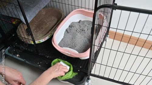 Someone scooping cat's poo from volcanic cat litter in sand box. Good cat litter helps keep smells down, clumps well, and is easy to clean.