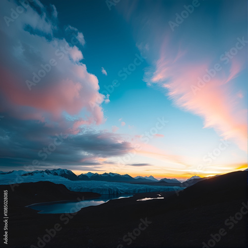 Blue glacier lakes on the Greenlandic ice cap shortly after sunset with epic sky photo