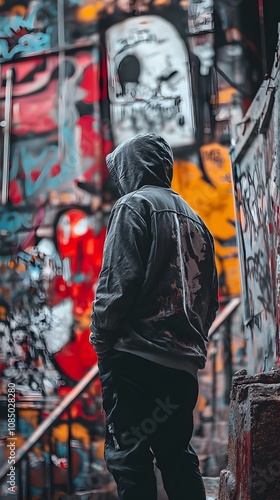 Solitary figure standing in an urban alley amid vibrant graffiti art capturing the gritty spirit of the city s underground culture photo