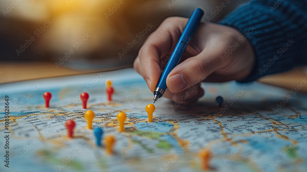 Explorer marking destinations on a world map. Explorer marking destinations on a world map.