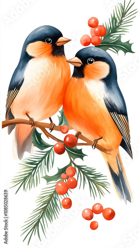 Two watercolour birds perched on a fir branch adorned with red berries, celebrating the festive spirit of Christmas