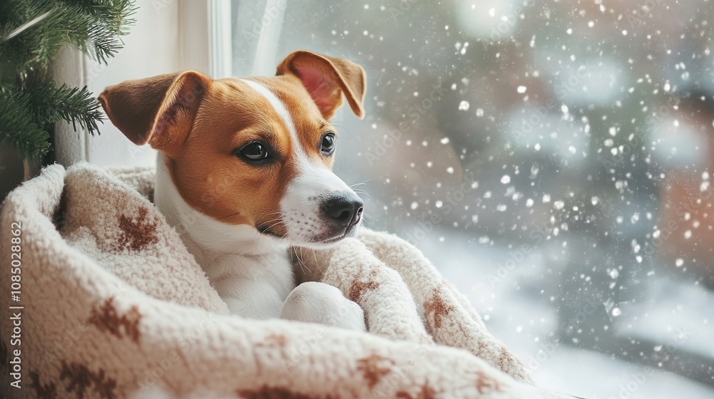 A cute dog sits on the window, watching the snow fall outside
A cute dog sits on the window, watching the snow fall outside