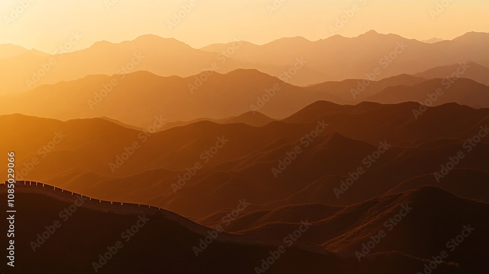 Obraz premium 56.The Great Wall stretches across rolling hills, bathed in the golden light of a setting sun. The ancient stone structure snakes through the rugged landscape, its silhouette glowing against the warm