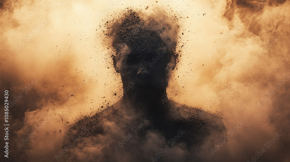 Human silhouette dissolving into a cloud of smoke and ashes, symbolizing the destruction and loss of identity during conflict Human silhouette dissolving into a cloud of smoke and ashes, symbolizing the destruction and loss of identity during conflict