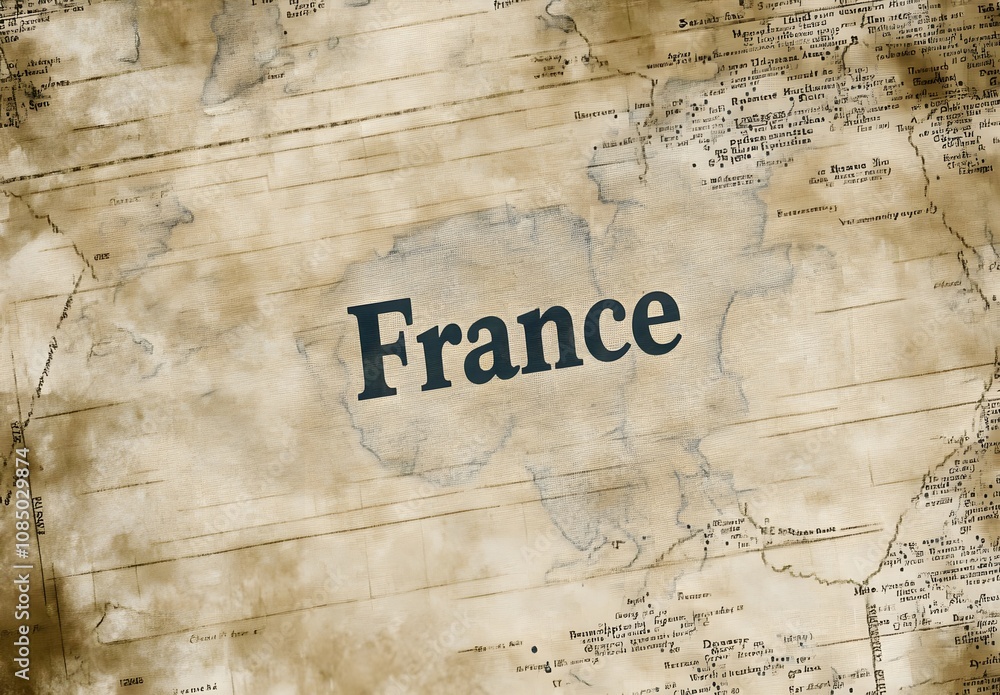 Obraz premium Vintage Map of France with Distinctive Typography and Historical Appeal Showcasing Geographic Features and Locations Across the Region