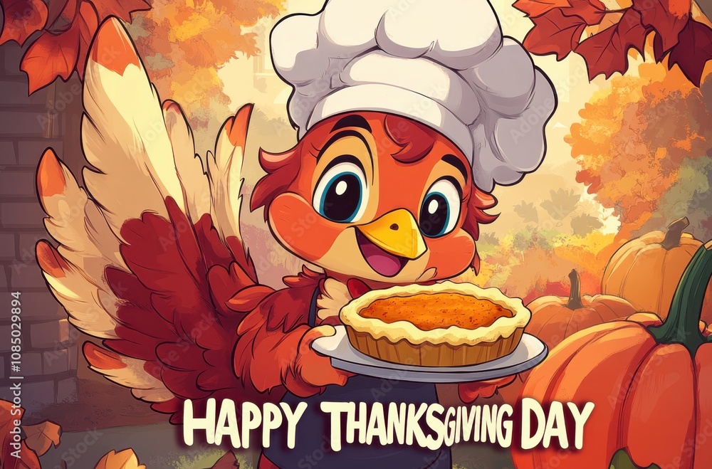 Fototapeta premium Cheerful cartoon turkey holding a pumpkin pie for Thanksgiving