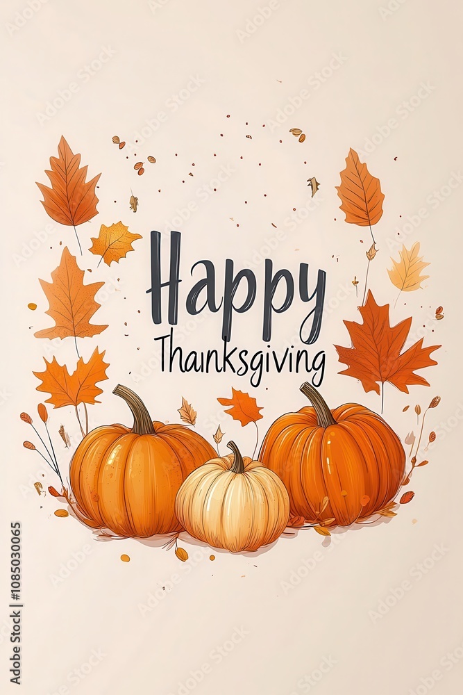 Happy Thanksgiving greeting with pumpkins and autumn leaves Happy Thanksgiving greeting with pumpkins and autumn leaves